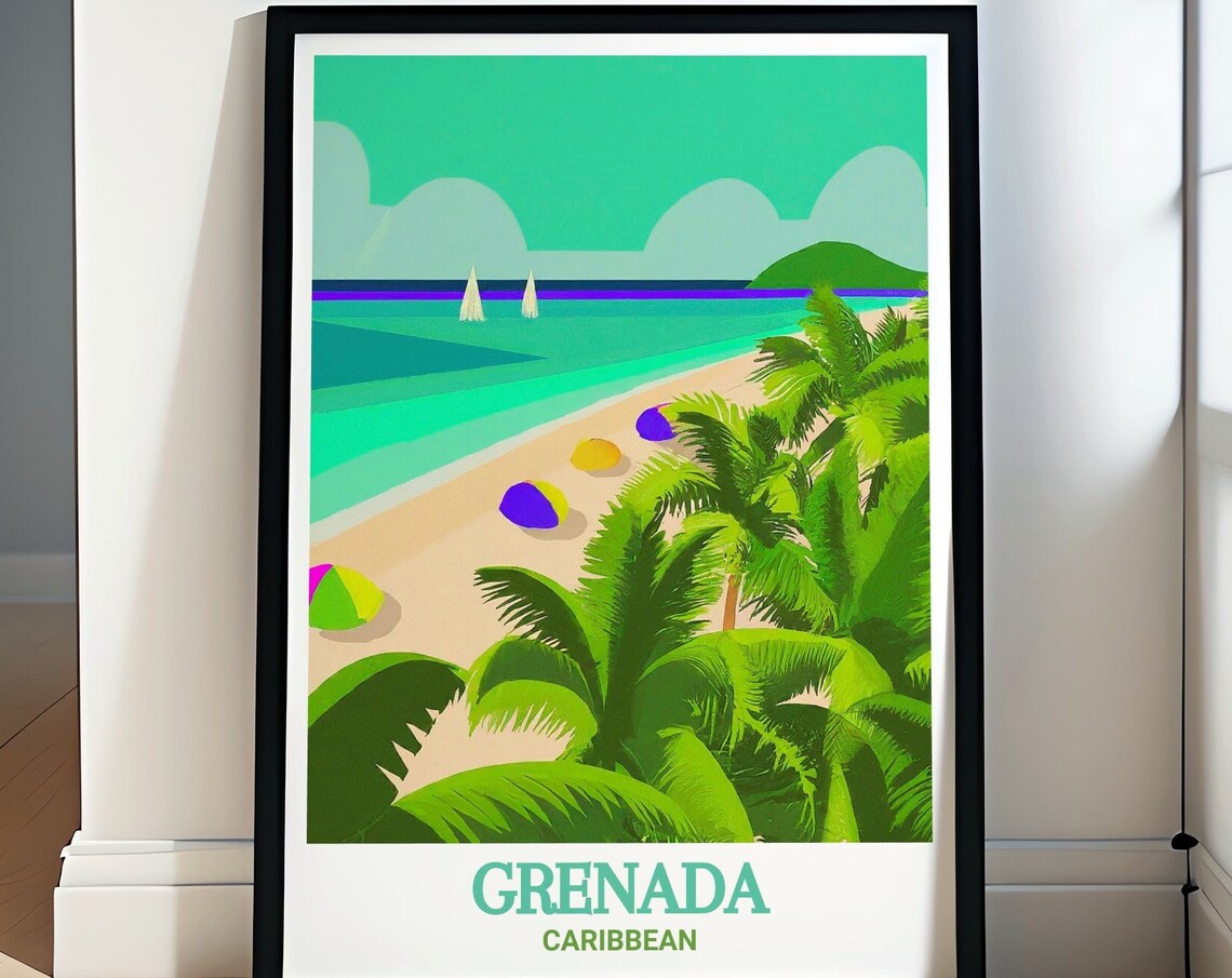 Grenada Palm Beach With Sailboats Colorful Umbrellas Caribbean Poster