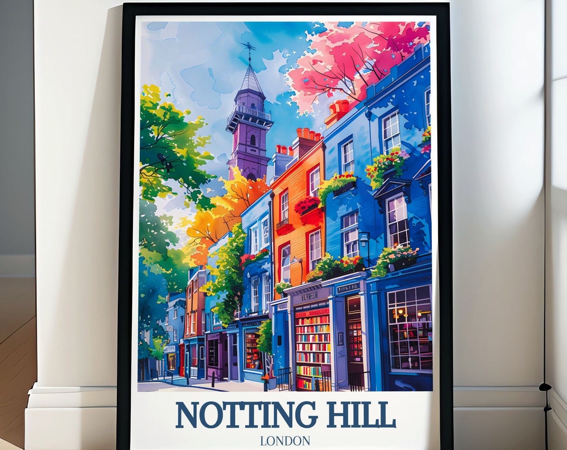 Notting Hill Travel Poster Notting Hill Bookshop And St Peters Church Posters London Travel Art Notting Hill Decor