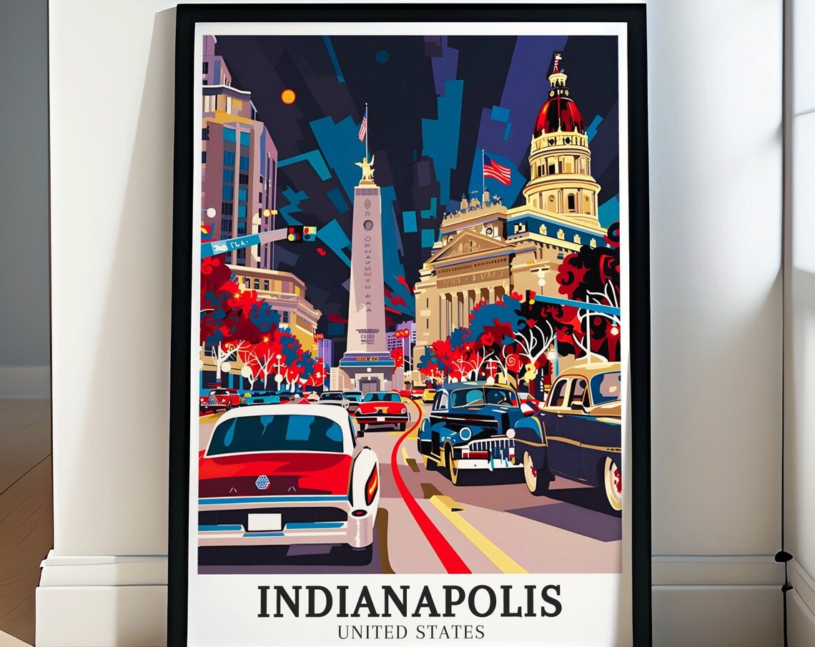 Indianapolis Monument Night Classic Cars Vintage Travel Poster