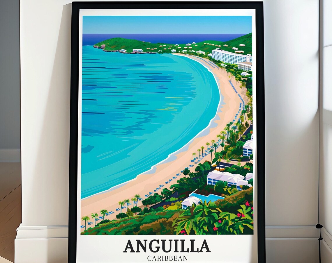 Anguilla Caribbean Maundays Bay Aerial Beach Turquoise Travel Poster