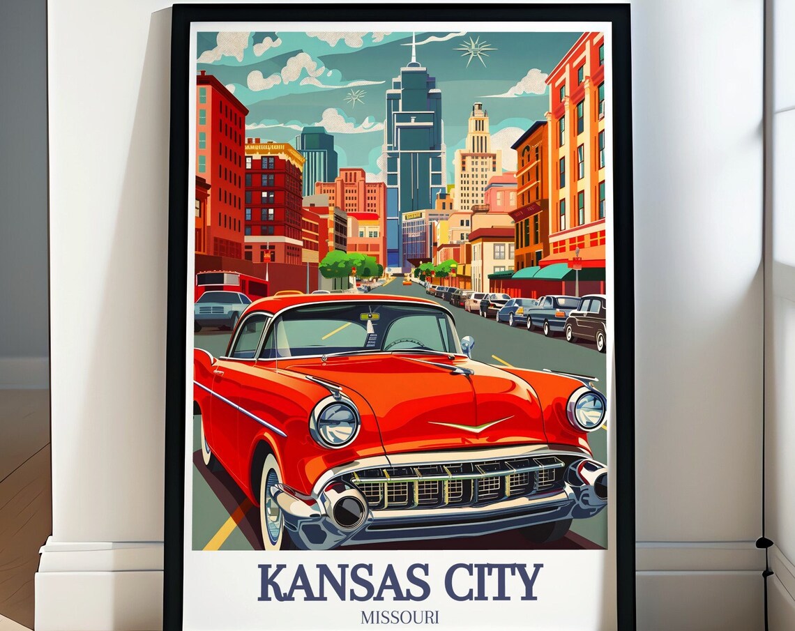 Kansas City Missouri Retro Red Classic Car Downtown Street Poster