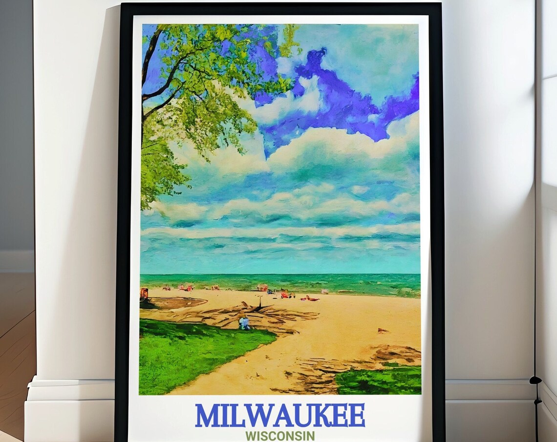 Bradford Beach on Lake Michigan in Milwaukee Wisconsin Travel Poster