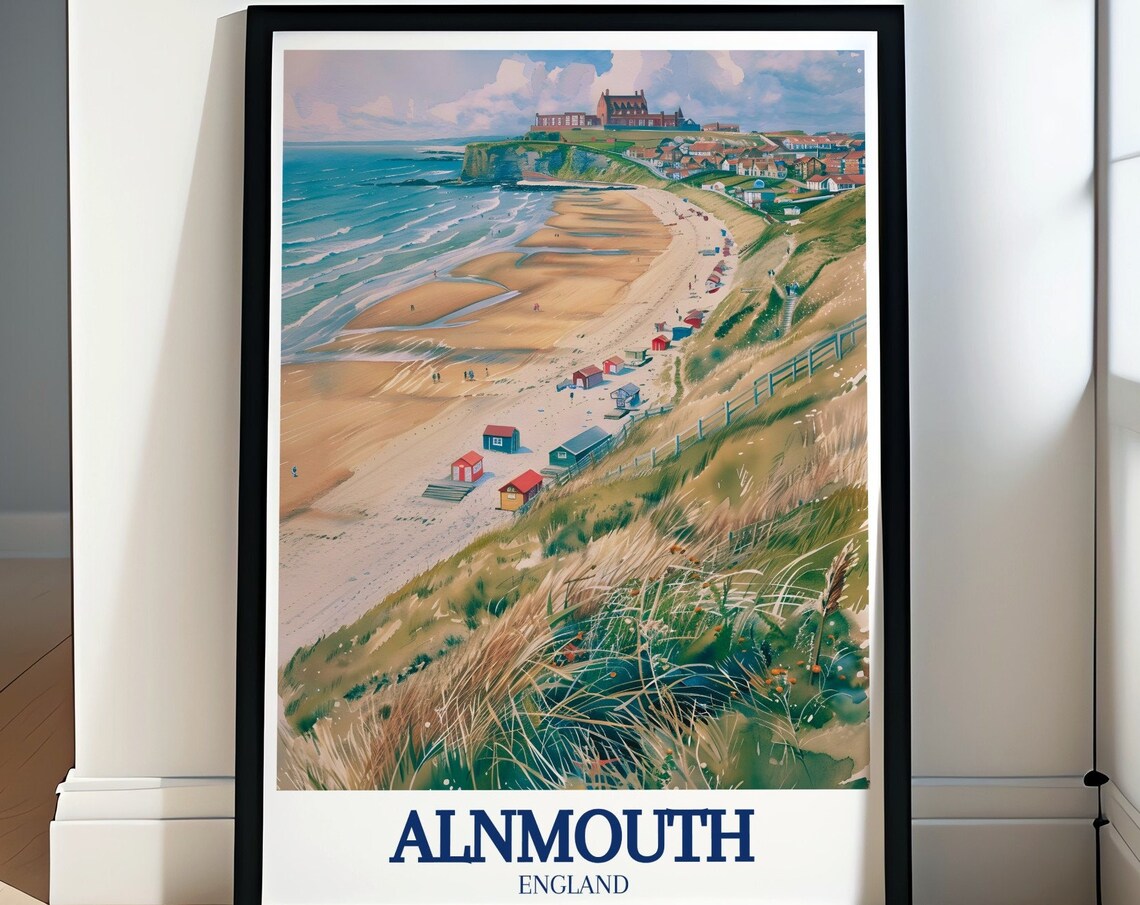 Alnmouth England Beach Huts Dune Watercolor Coast Travel Poster