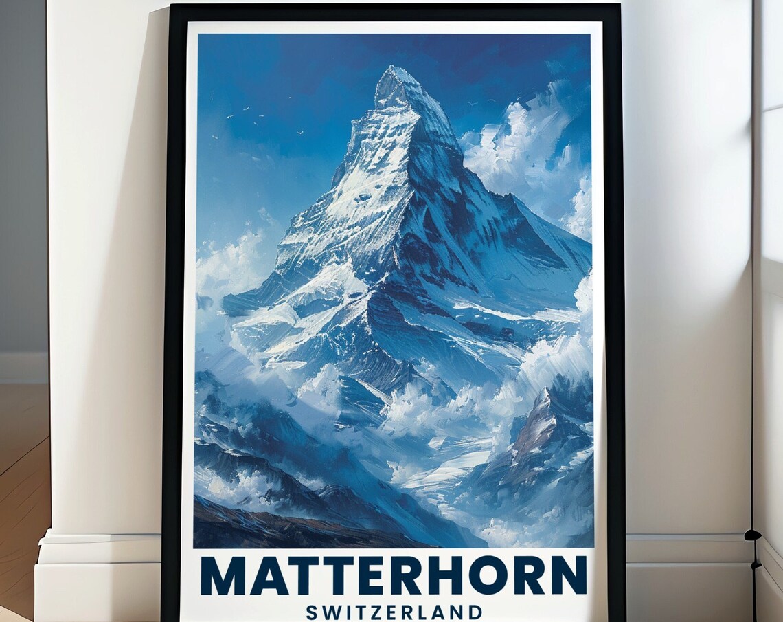 Matterhorn Switzerland Snowy Alpine Peak Painterly Blue Poster