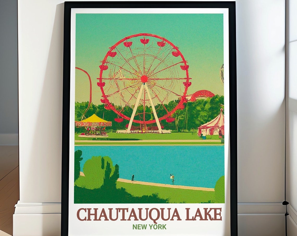 Chautauqua Lake New York Ferris Wheel Retro Park Scene Poster