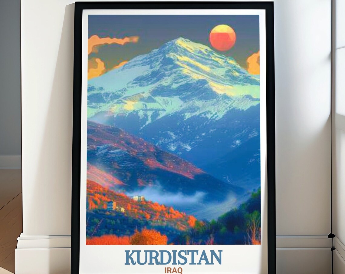 Kurdistan Iraq Scenic Snowcapped Mountain Sunset Travel Poster