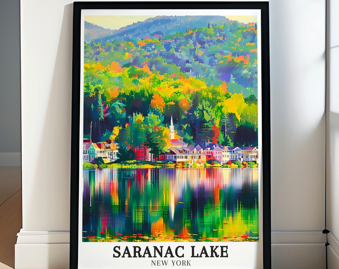 Saranac Lake Autumn Village Reflection Fall Colors Travel Poster