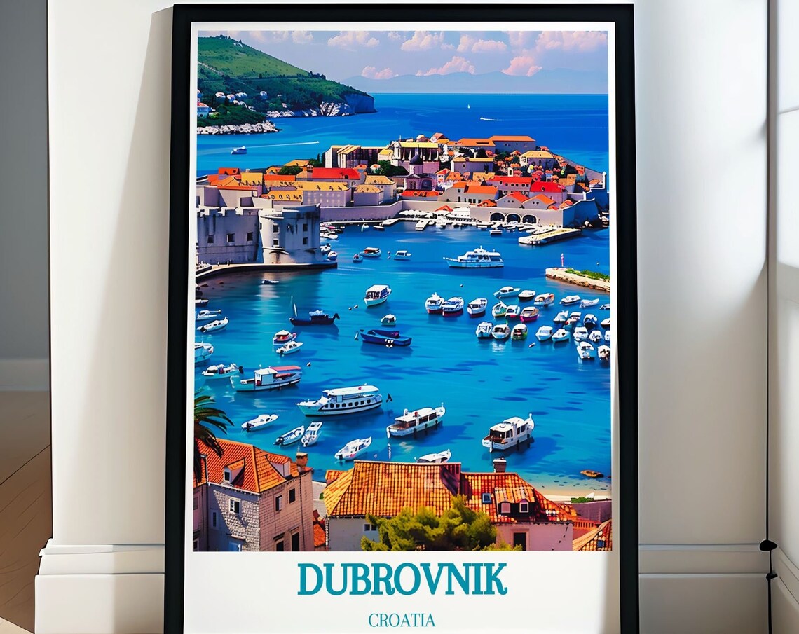 Dubrovnik Croatia Harbor Boats and Old Town Skyline View Poster