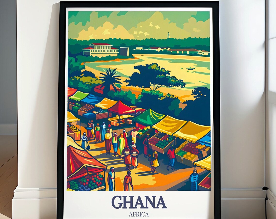 Ghana Coastal Market Riverside Colorful Crowd Africa Travel Poster