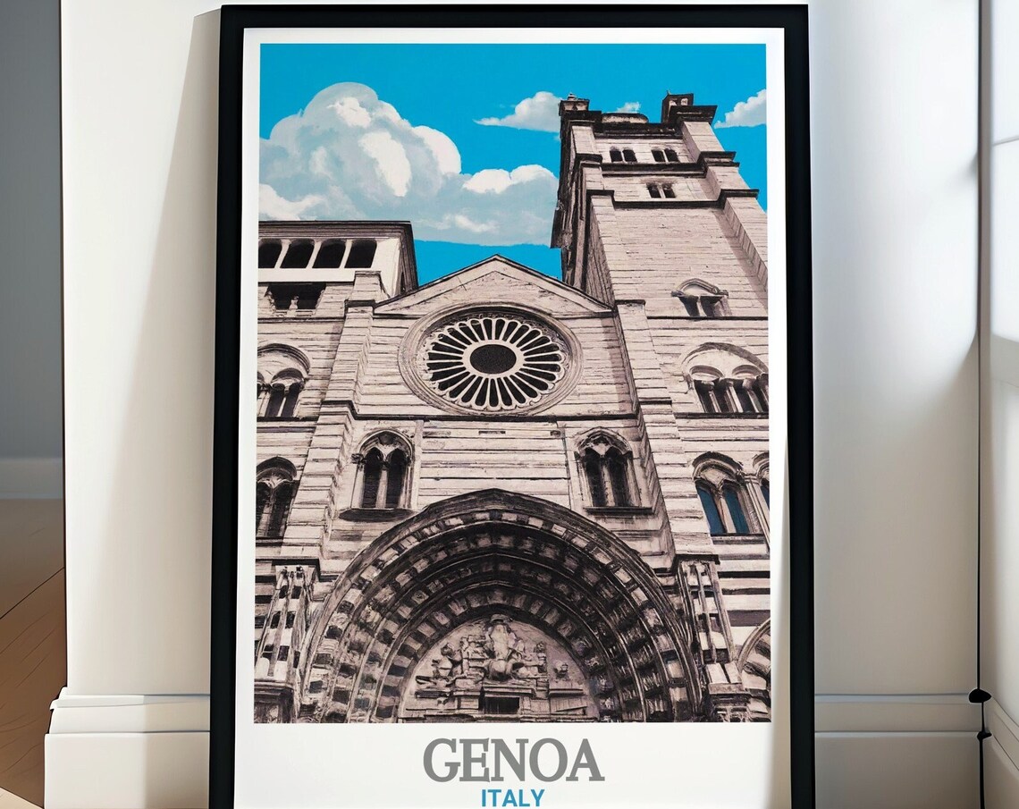 Genoa Cathedral Gothic Facade Rose Window Italy Travel Poster