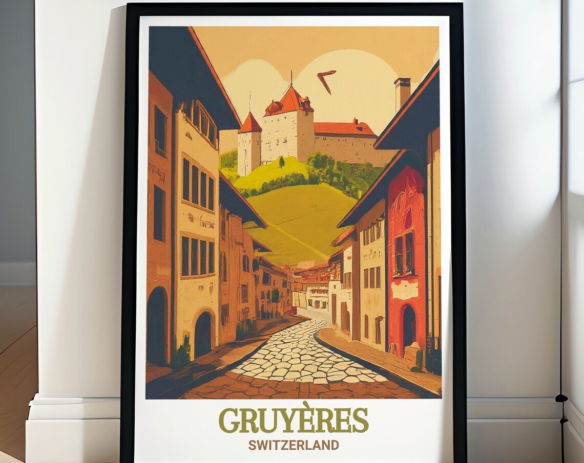 Gruyeres Switzerland Medieval Town Street Vintage Travel Poster