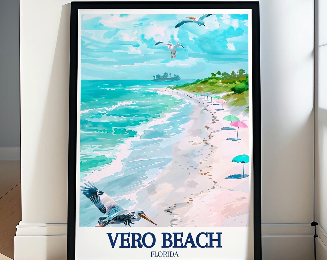 Vero Beach Florida Watercolor Shore Pelicans Umbrellas Travel Poster