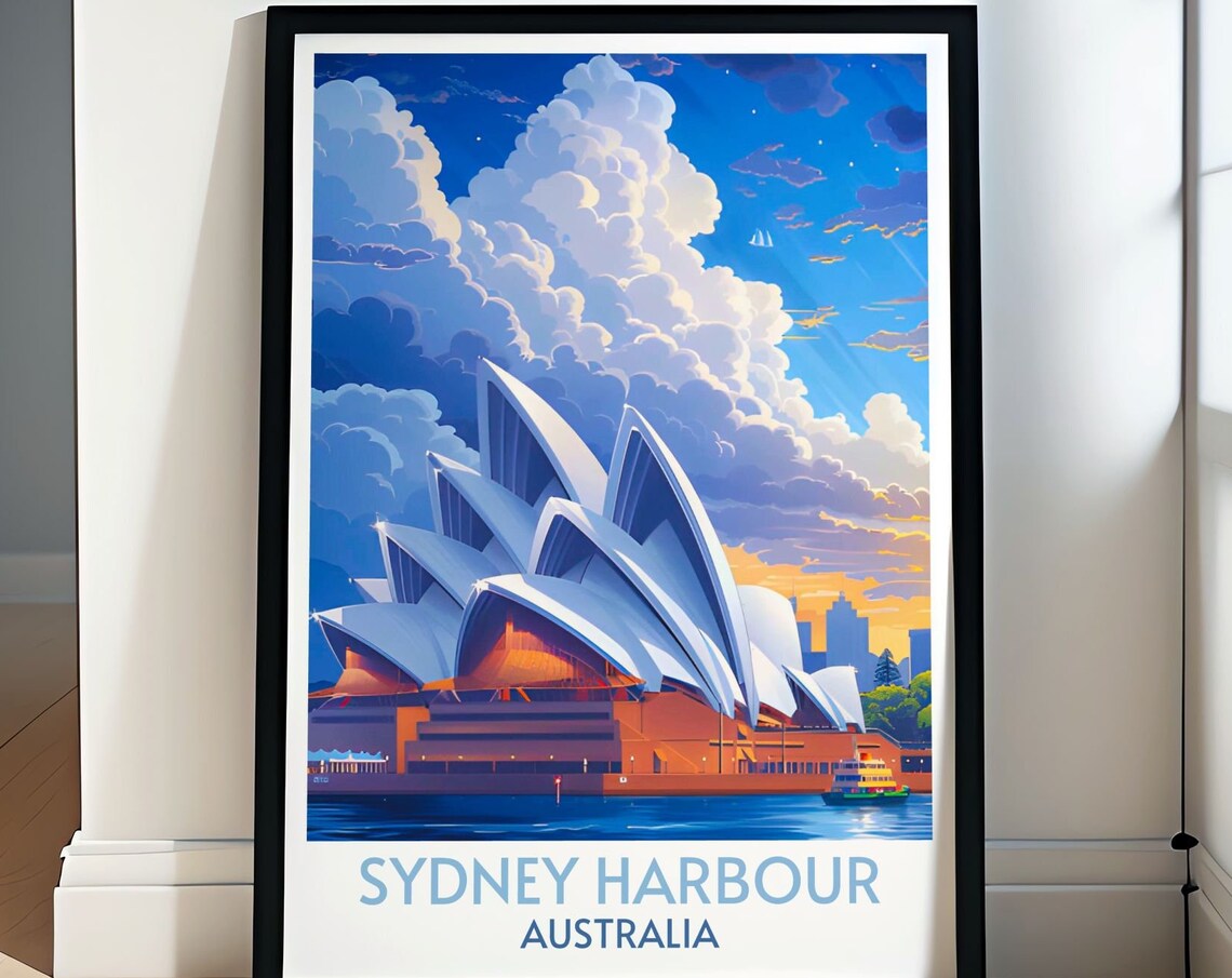 Sydney Harbour Opera House Dusk Clouds Ferry Glow Travel Poster