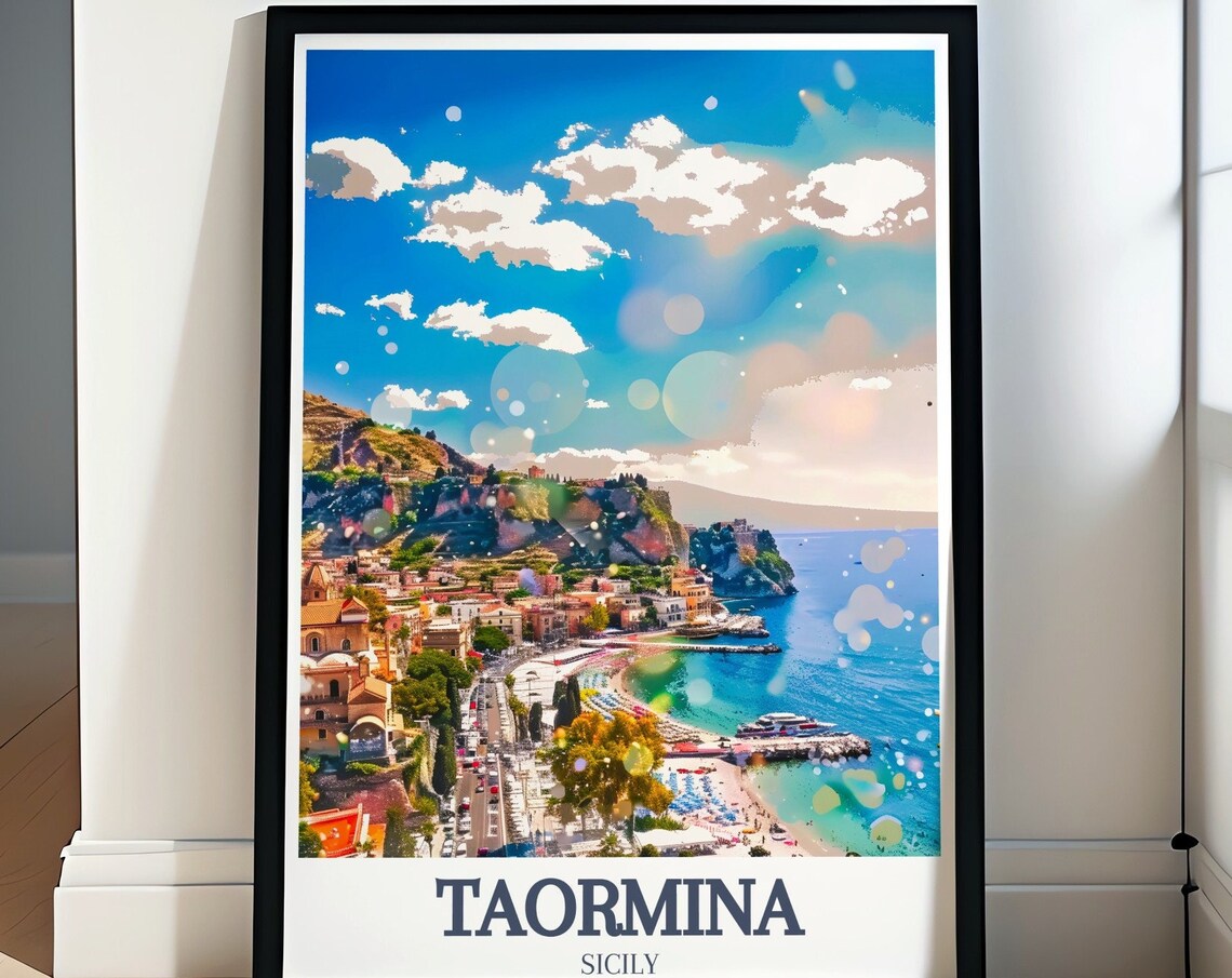 Taormina Sicily Isola Bella Bay Beach Coastline Travel Poster