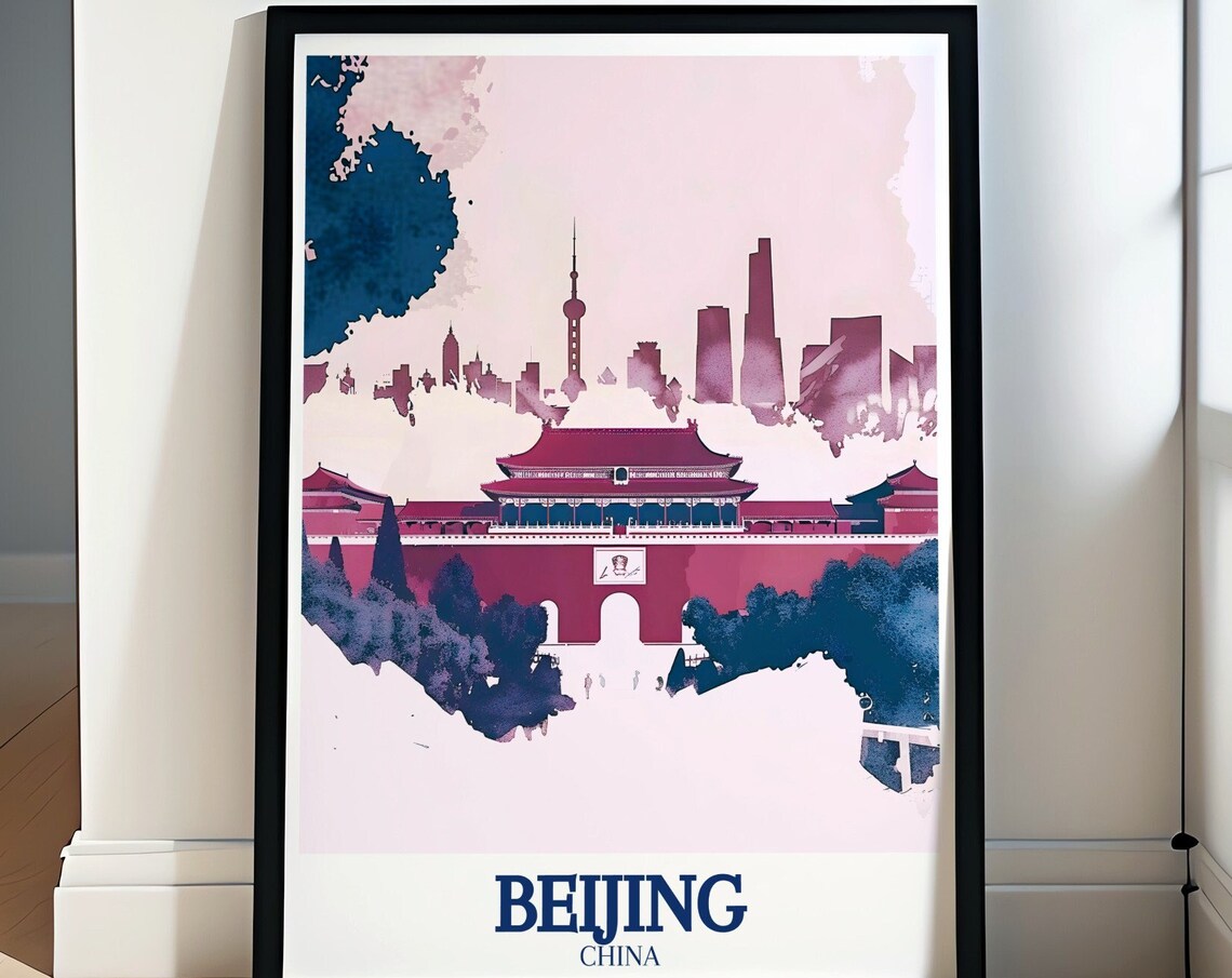 Beijing China Tiananmen Gate City Skyline Watercolor Travel Poster