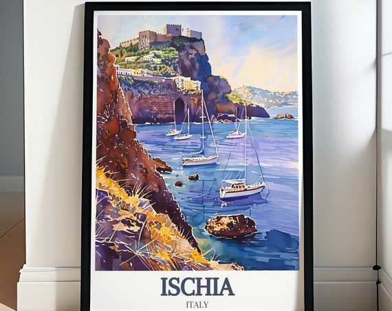 Ischia Travel Poster Aragonese Castle And Maronti Beach Travel Poster Aragonese Castle And Maronti Beach Print Maronti Beach Poster