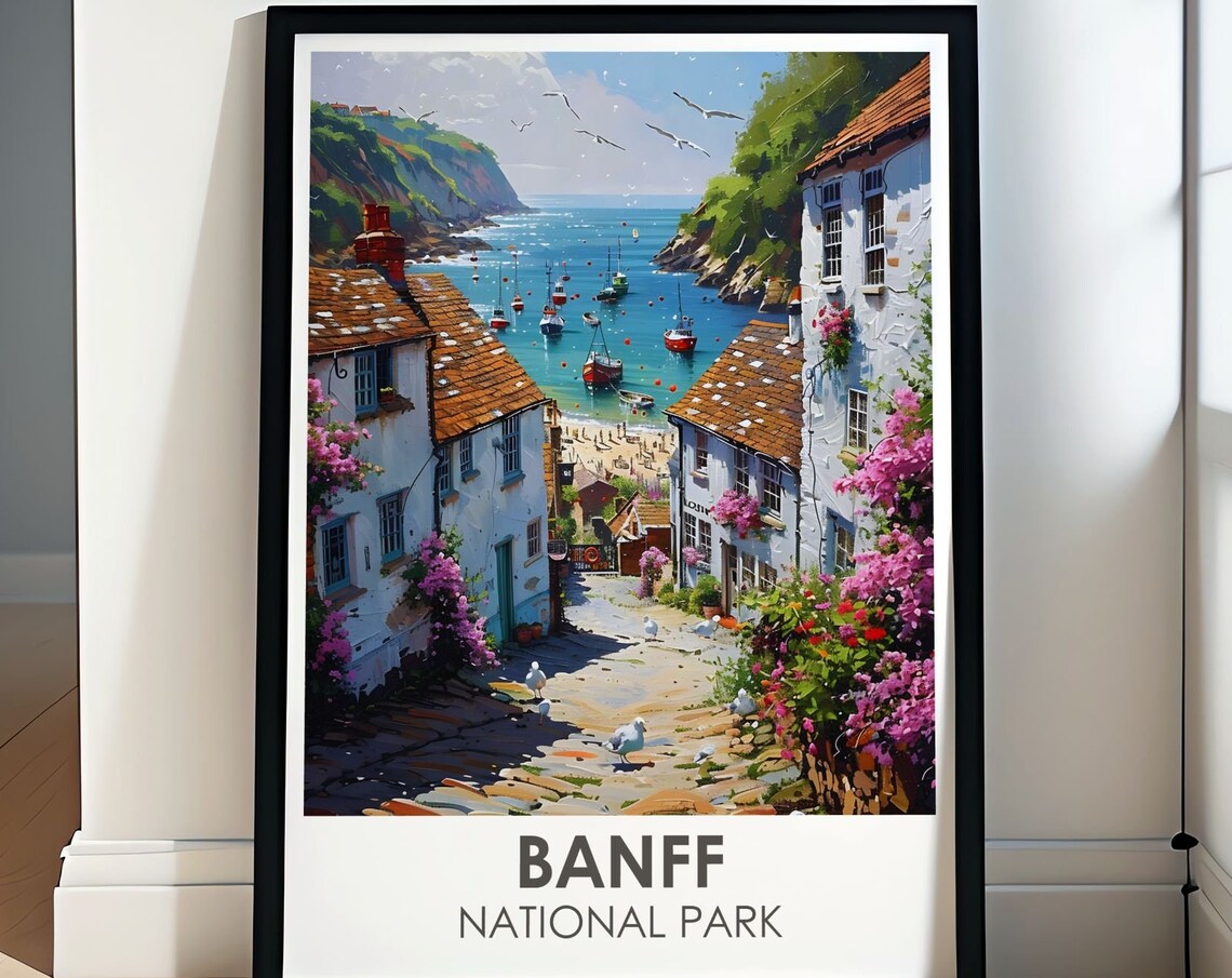 Banff National Park Coastal Fishing Harbor Village Scene Poster