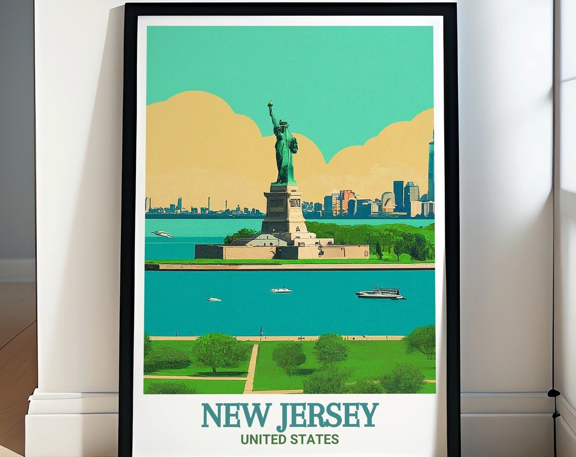 New Jersey Statue of Liberty State Park Skyline Travel Poster
