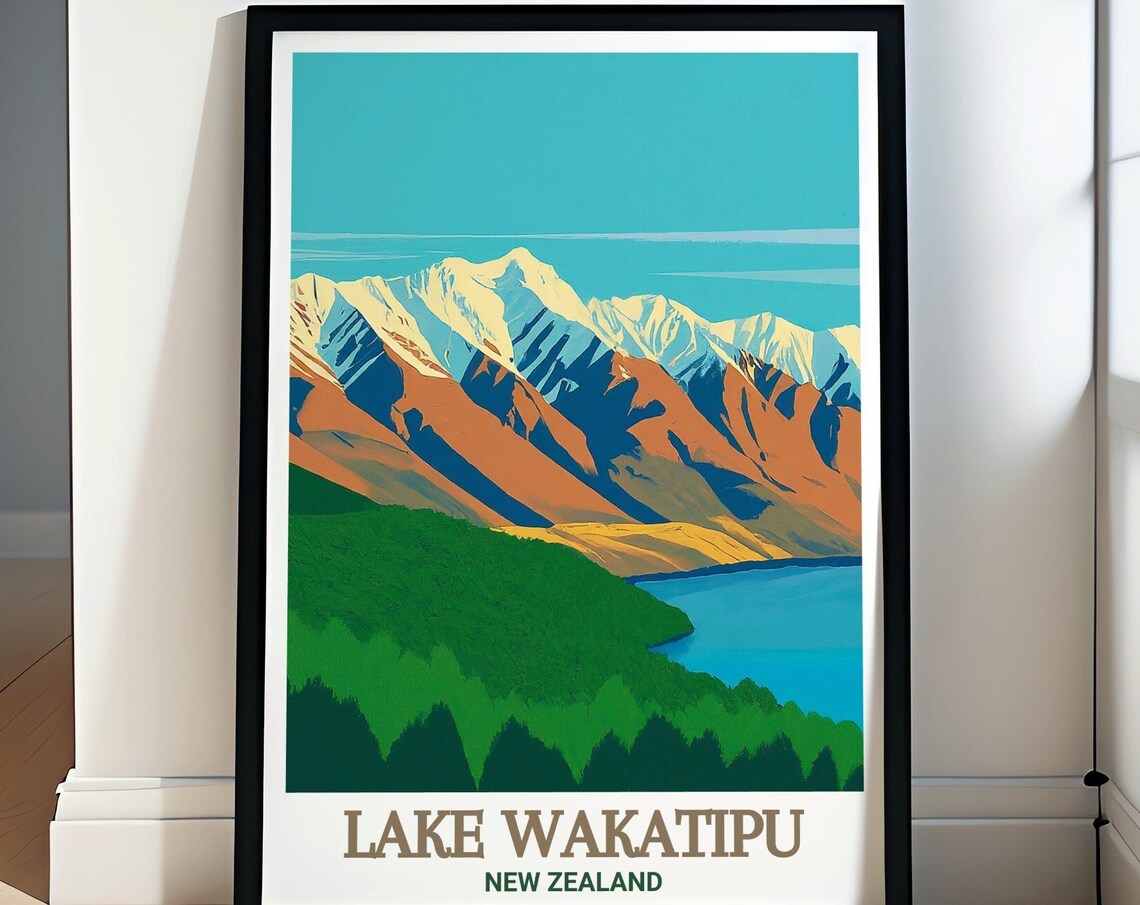 Lake Wakatipu New Zealand Snow Capped Mountain Peaks Travel Poster