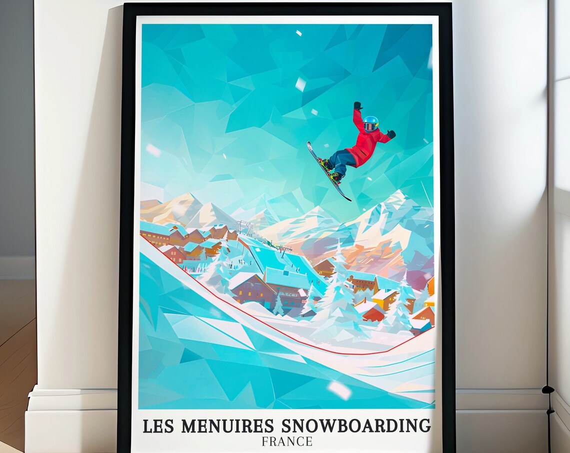 Les Menuires Snowboarding France Aerial Jump Resort Scene Poster