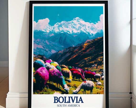 Bolivia Altiplano Llamas Snow Capped Andes Mountain Travel Poster