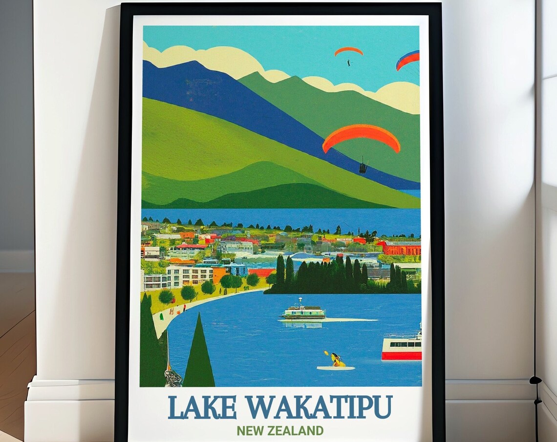 Lake Wakatipu New Zealand Queenstown Waterfront Travel Poster