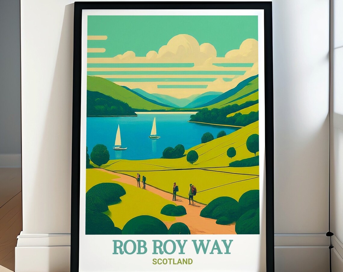 Rob Roy Way Scotland Loch Sailboats Hikers Trail Vintage Poster