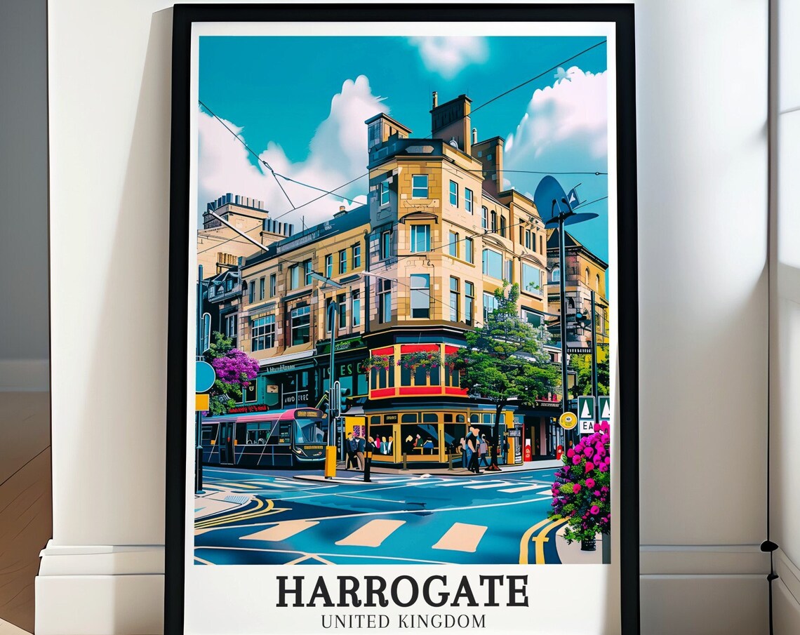 Harrogate United Kingdom Vibrant Tram Corner Street Scene Poster