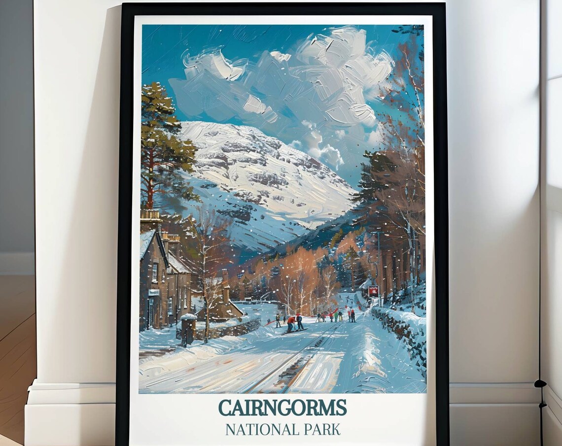 Cairngorms National Park Snowy Village and Skiers Winter Poster