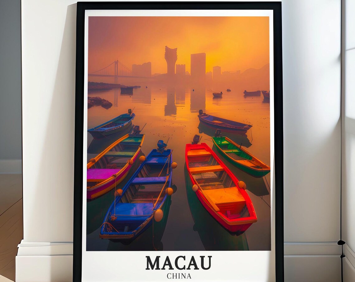 Macau China Colorful Fishing Boats at Golden Harbor Sunrise Poster