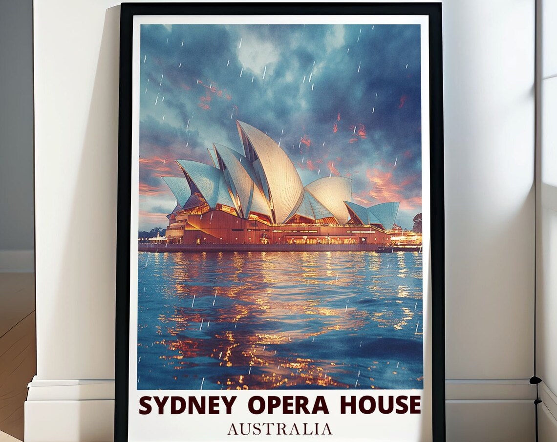 Sydney Opera House Rainy Twilight Evening Harbour Glow Travel Poster