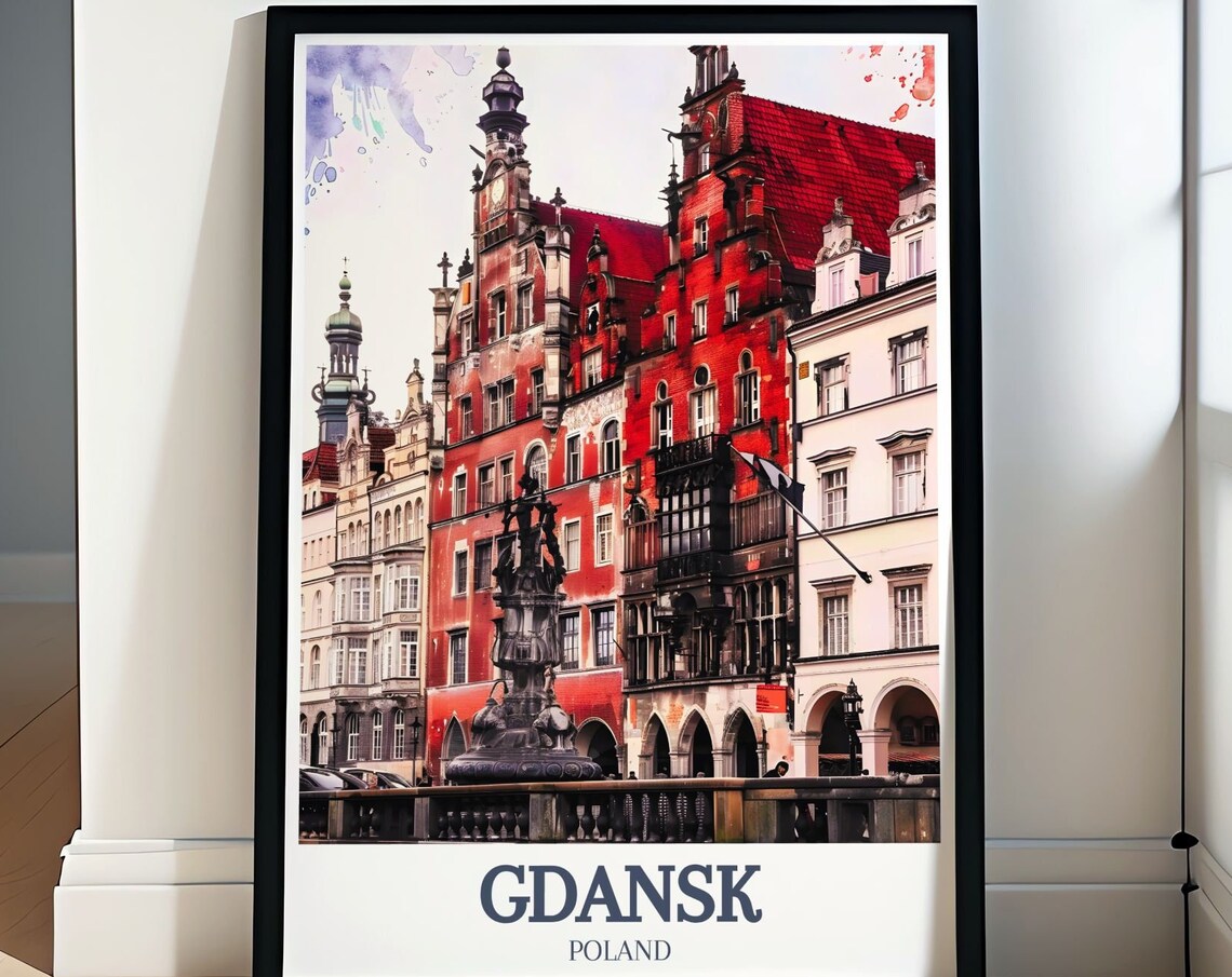 Gdansk Poland Old Town Neptune Fountain Watercolor Cityscape Poster