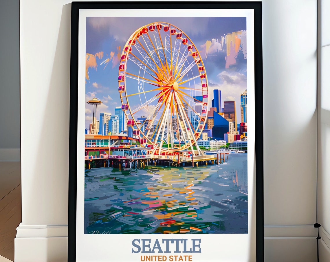 Seattle Great Wheel Waterfront Skyline Vibrant Painterly Art Poster