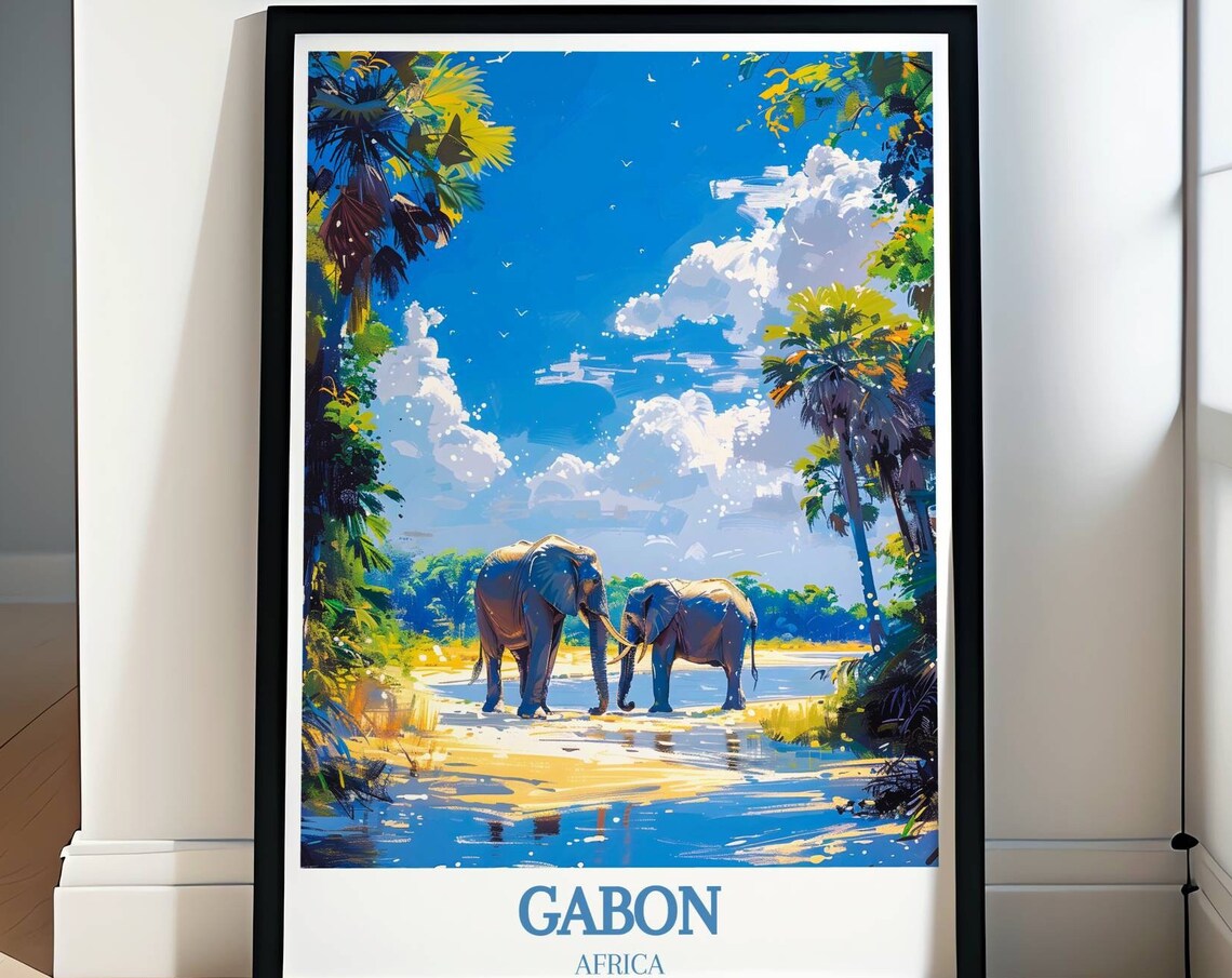 Gabon Africa Elephants by the Water Tropical Jungle Scene Poster