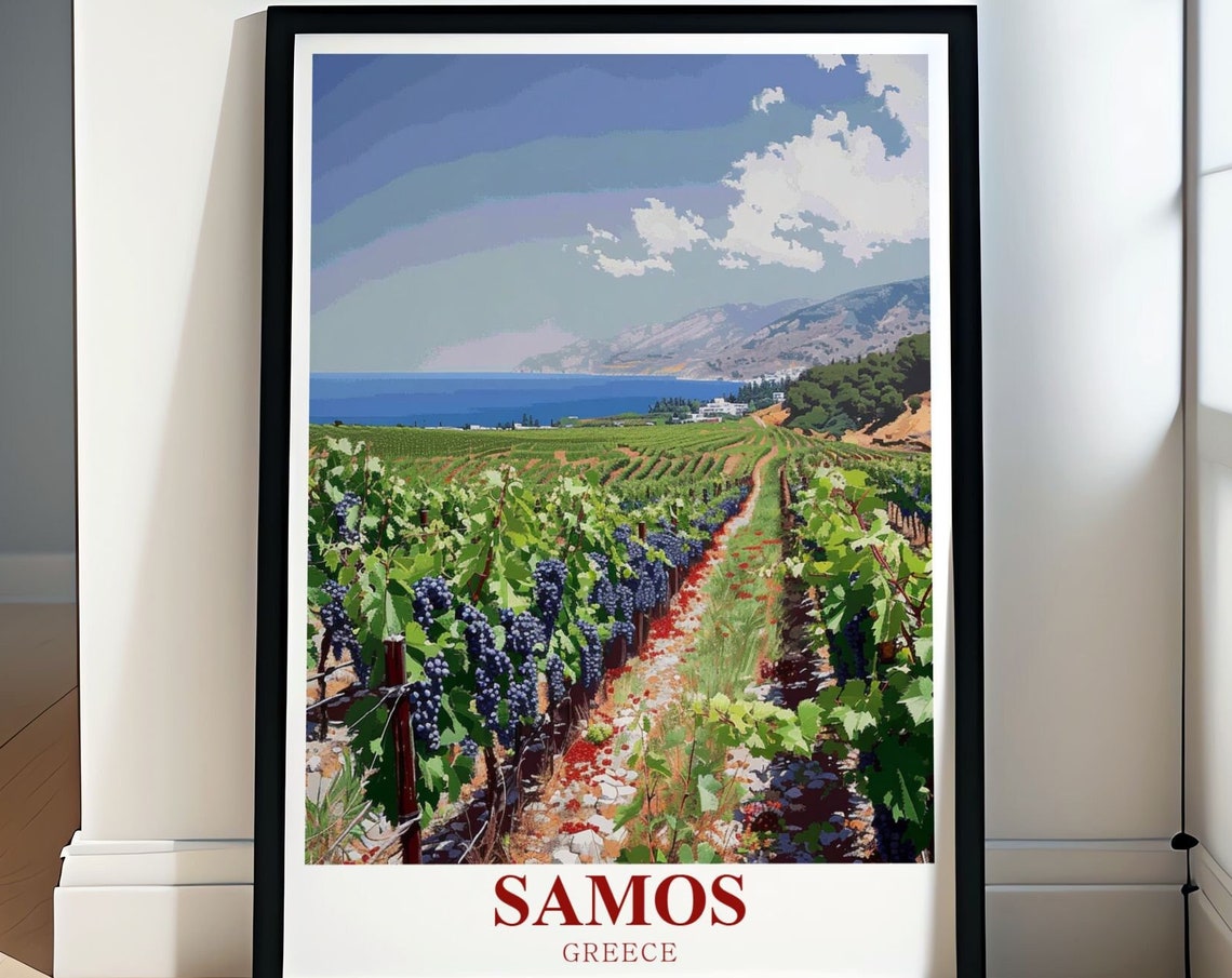 Samos Greece Vineyard Rows Aegean Sea Coast Harvest Season Poster