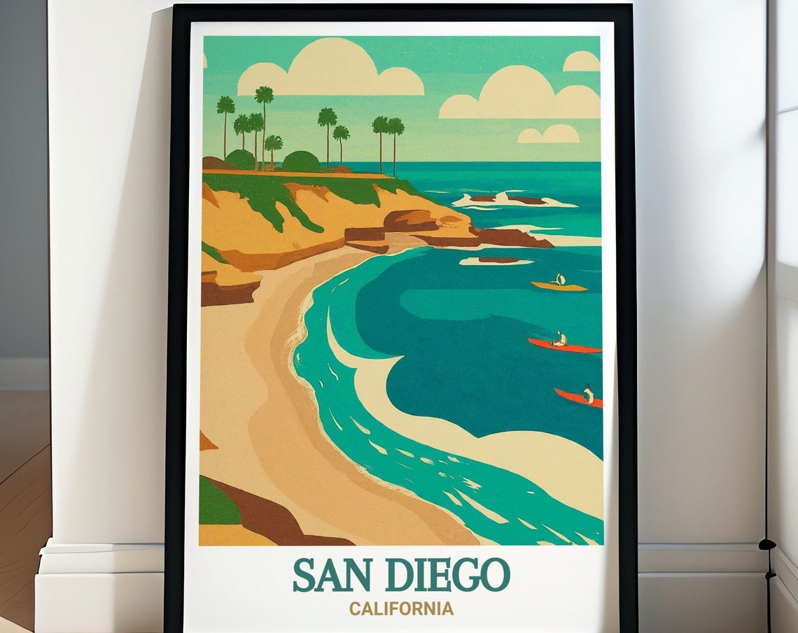 San Diego California La Jolla Cove Kayakers Palm Cliffs Travel Poster