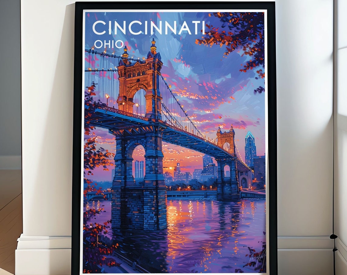 Cincinnati Ohio Roebling Bridge Glowing at Sunset Over River Poster