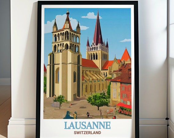 Lausanne Cathedral Travel Poster Swiss Gothic Architecture Lausanne Art Lausanne Cathedral Print