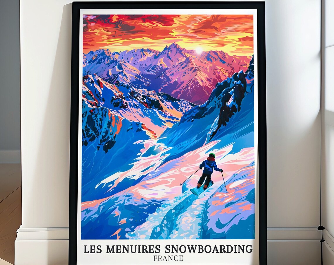 Les Menuires Snowboarding Sunset Alpine Vintage Travel Poster