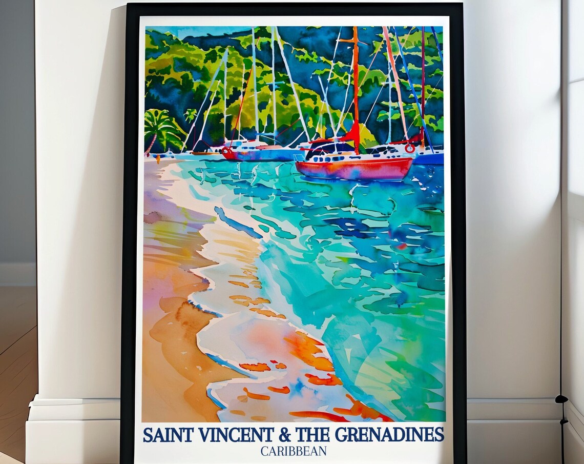 Saint Vincent and Grenadines Sailboats in Bay Watercolor Poster