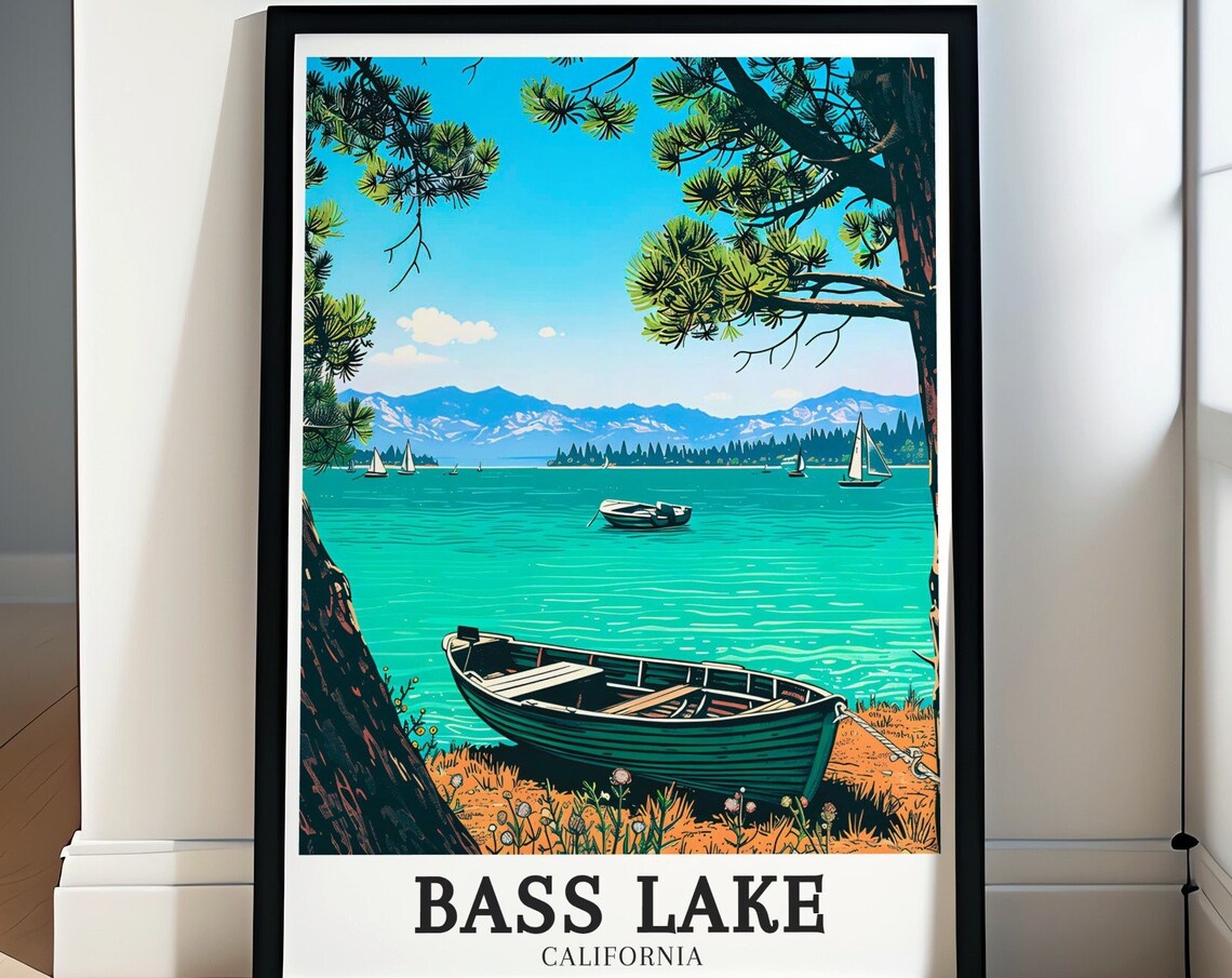 Bass Lake California Rowboat On Shore Pines Sailing Day Poster
