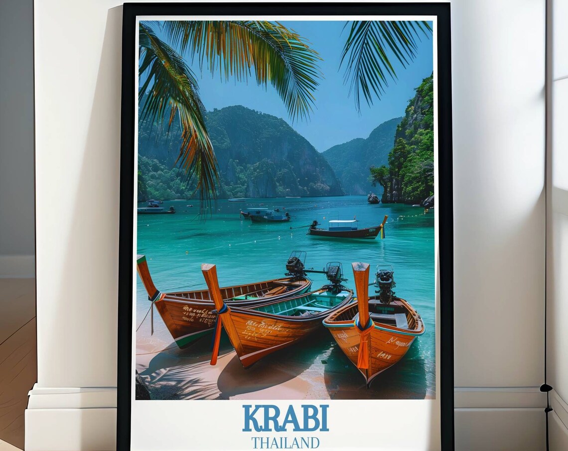 Krabi Longtail Boats Turquoise Bay Limestone Cliffs Thailand Poster