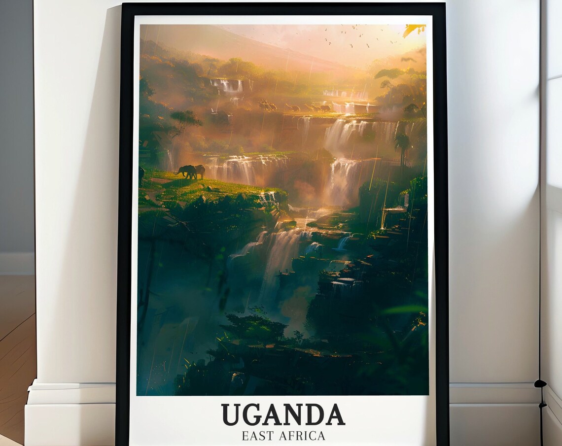 Uganda Waterfall Cascades With Elephants Golden Hour Africa Poster