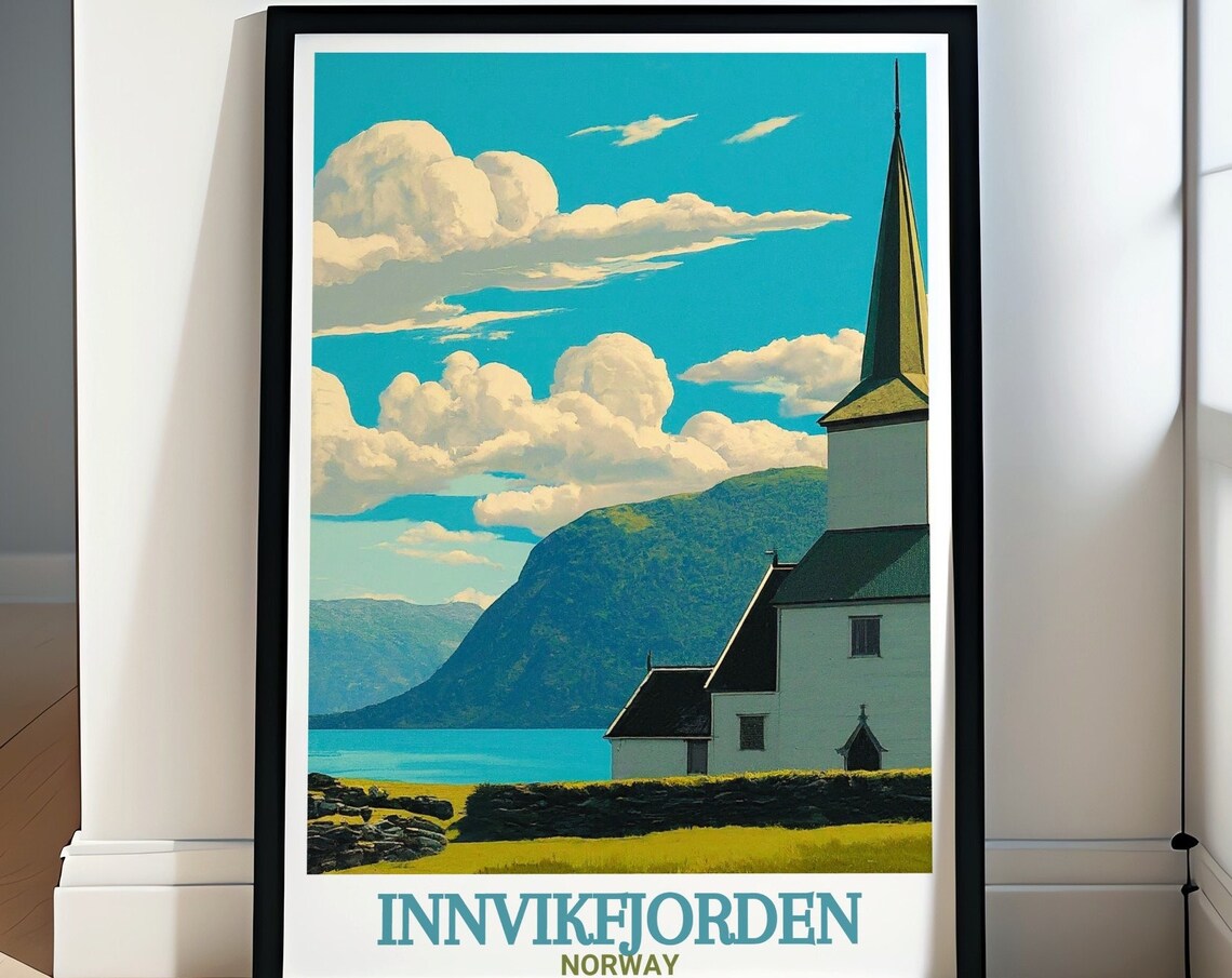 Innvikfjorden Norway Innvik Church Fjord Shore Summer Travel Poster