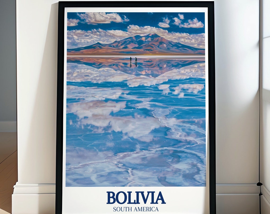 Bolivia Uyuni Salt Flats Mirror Reflection Mountain Travel Poster