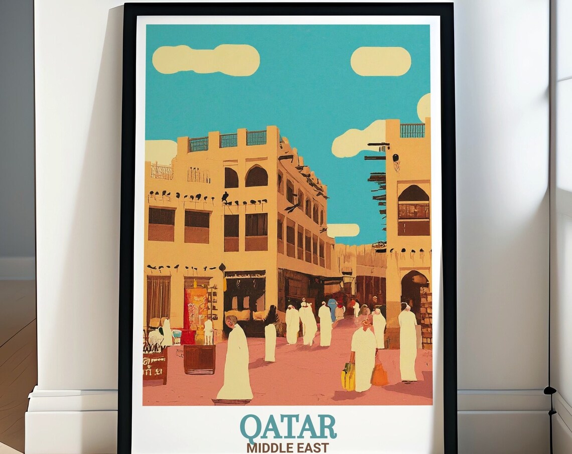 Qatar Middle East Souq Waqif Market Street Scene Travel Poster