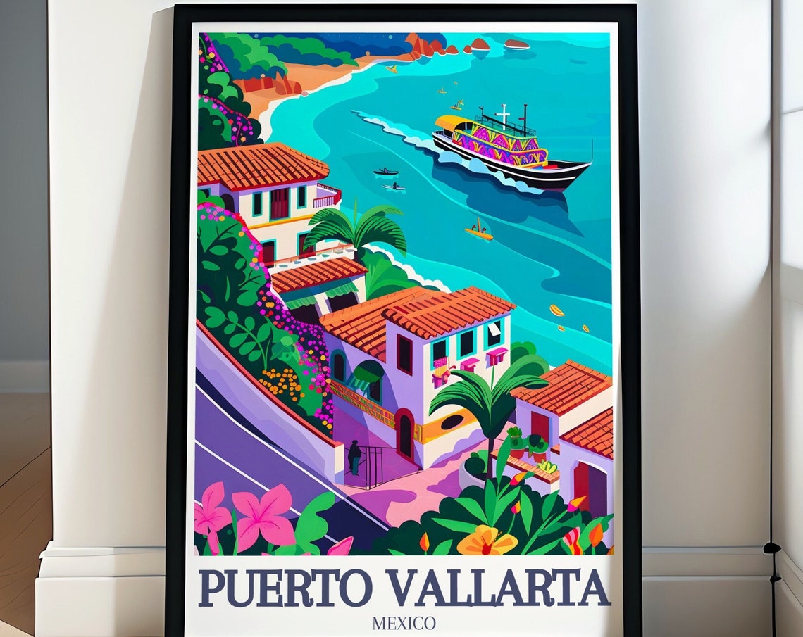 Puerto Vallarta Beach Print Golden Sands And Panga Boats Puerto Vallarta Coastal Wall Art Puerto Vallarta Beach Poster