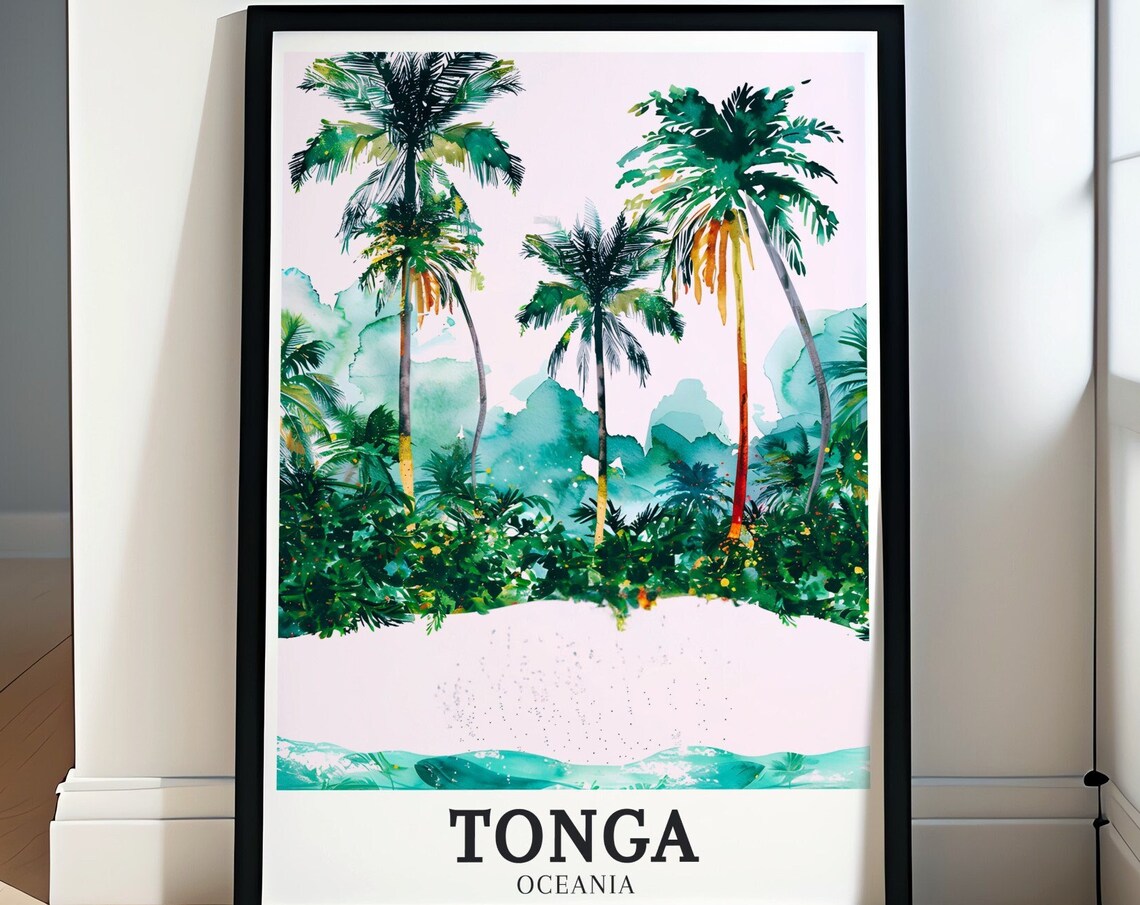 Tonga Oceania Watercolor Palm Trees Tropical Island Beach Poster
