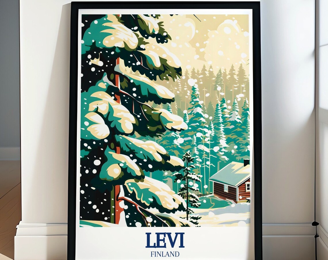 Cozy Levi Finland Snowy Forest Poster Winter Cabin Travel Art