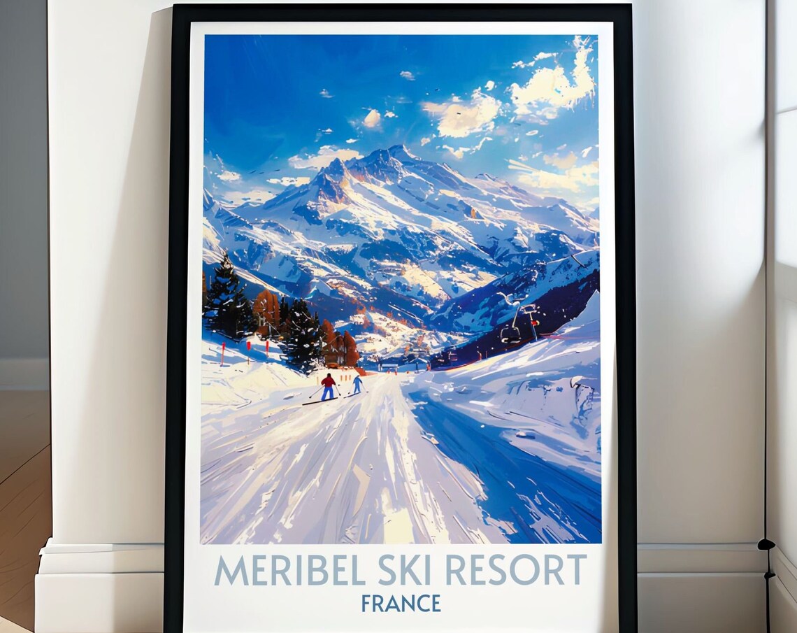 Meribel Ski Resort Skiers on Sunny Piste Winter Scene Poster